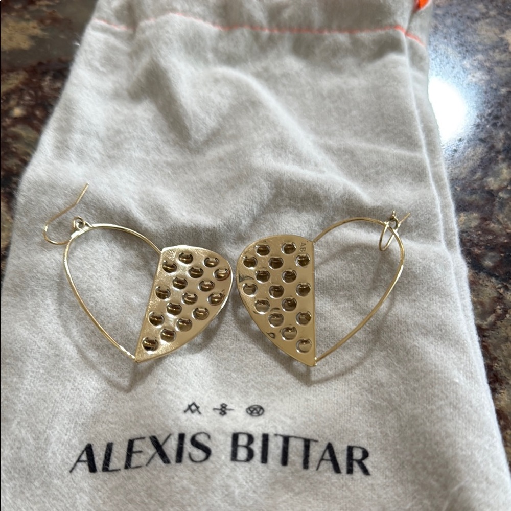 Alexis Bittar Gold Heart Drop Earrings with Studded Detail - Picture 3 of 4